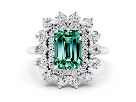 White gold Emerald Cut Halo Cluster Diamond Ring with Pave Band and Four-Prong Setting_33