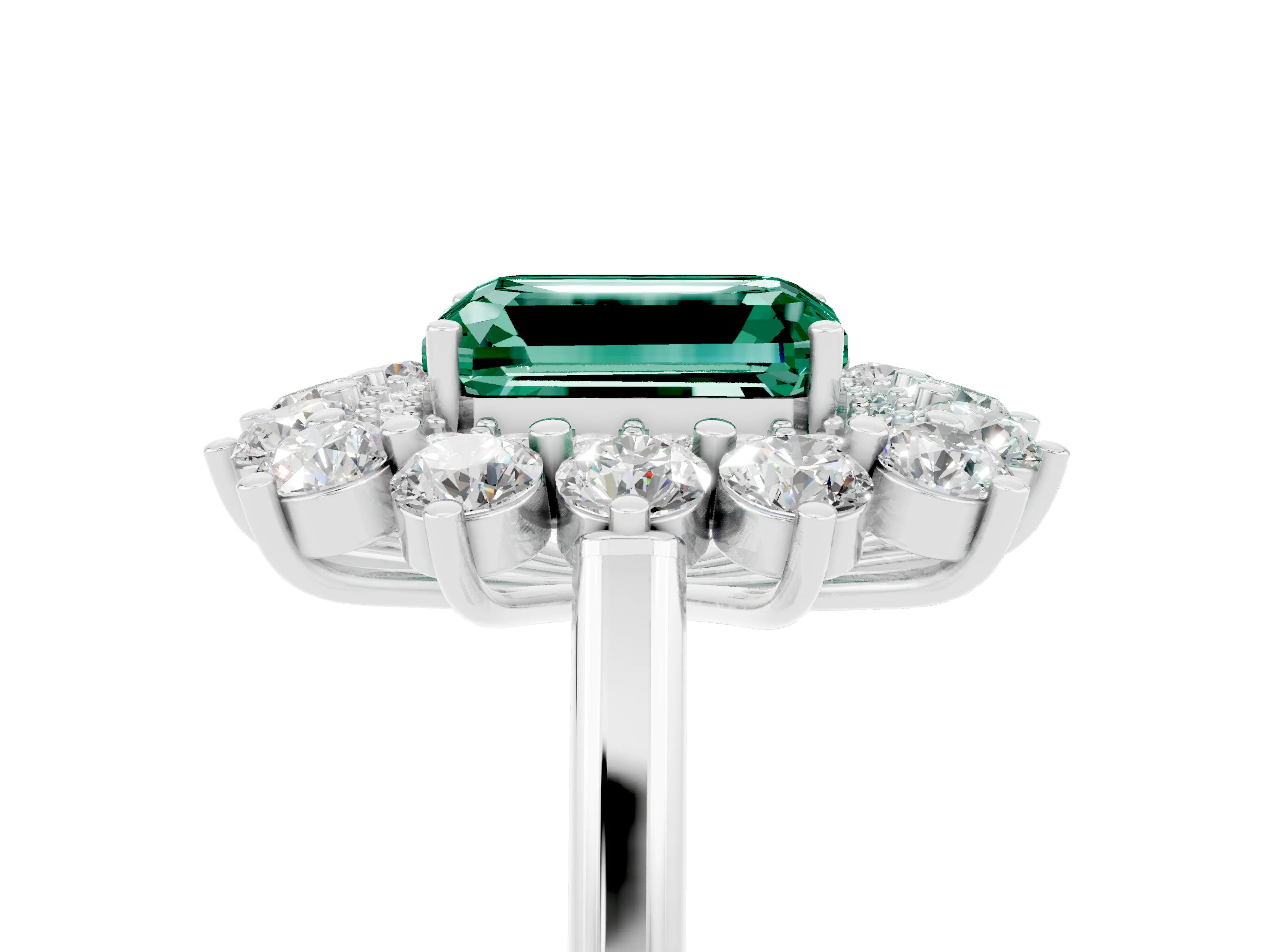 White gold Emerald Cut Halo Cluster Diamond Ring with Pave Band and Four-Prong Setting_35