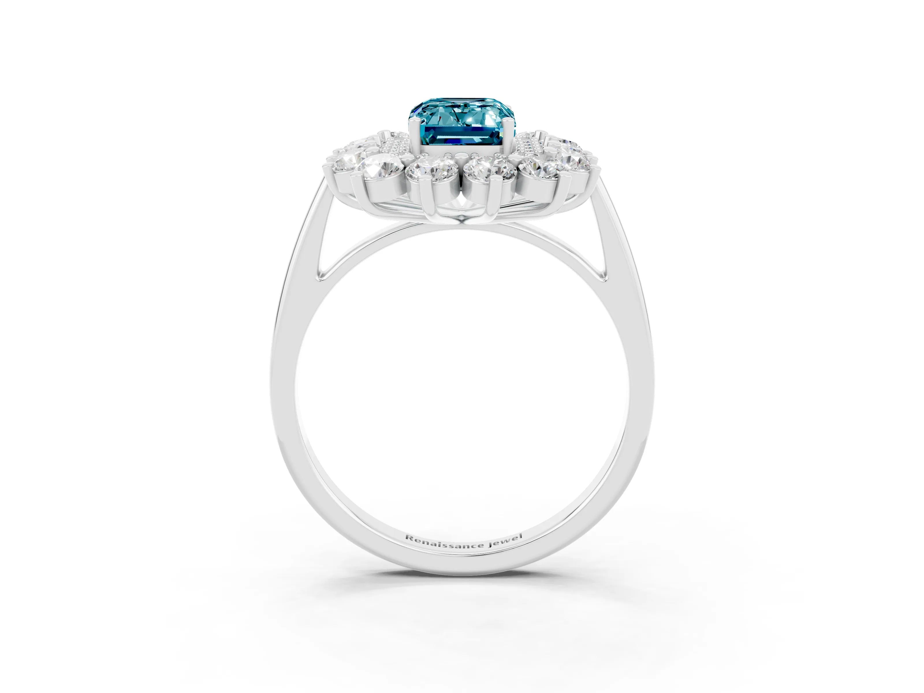 White gold Emerald Cut Halo Cluster Diamond Ring with Pave Band and Four-Prong Setting_3