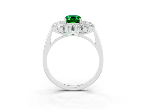 White gold Emerald Cut Halo Cluster Diamond Ring with Pave Band and Four-Prong Setting_3