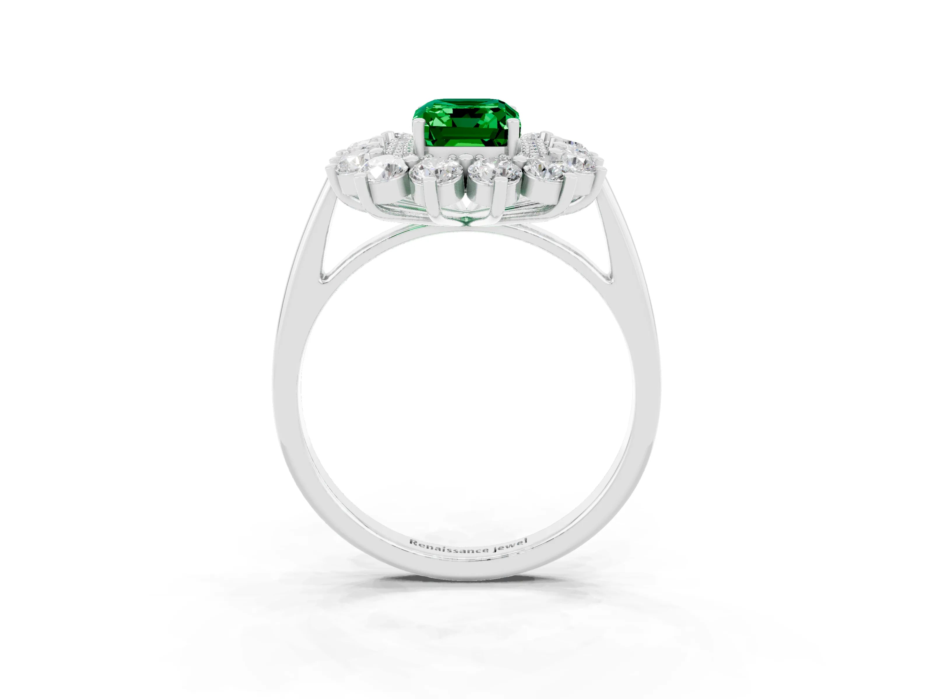 White gold Emerald Cut Halo Cluster Diamond Ring with Pave Band and Four-Prong Setting_3