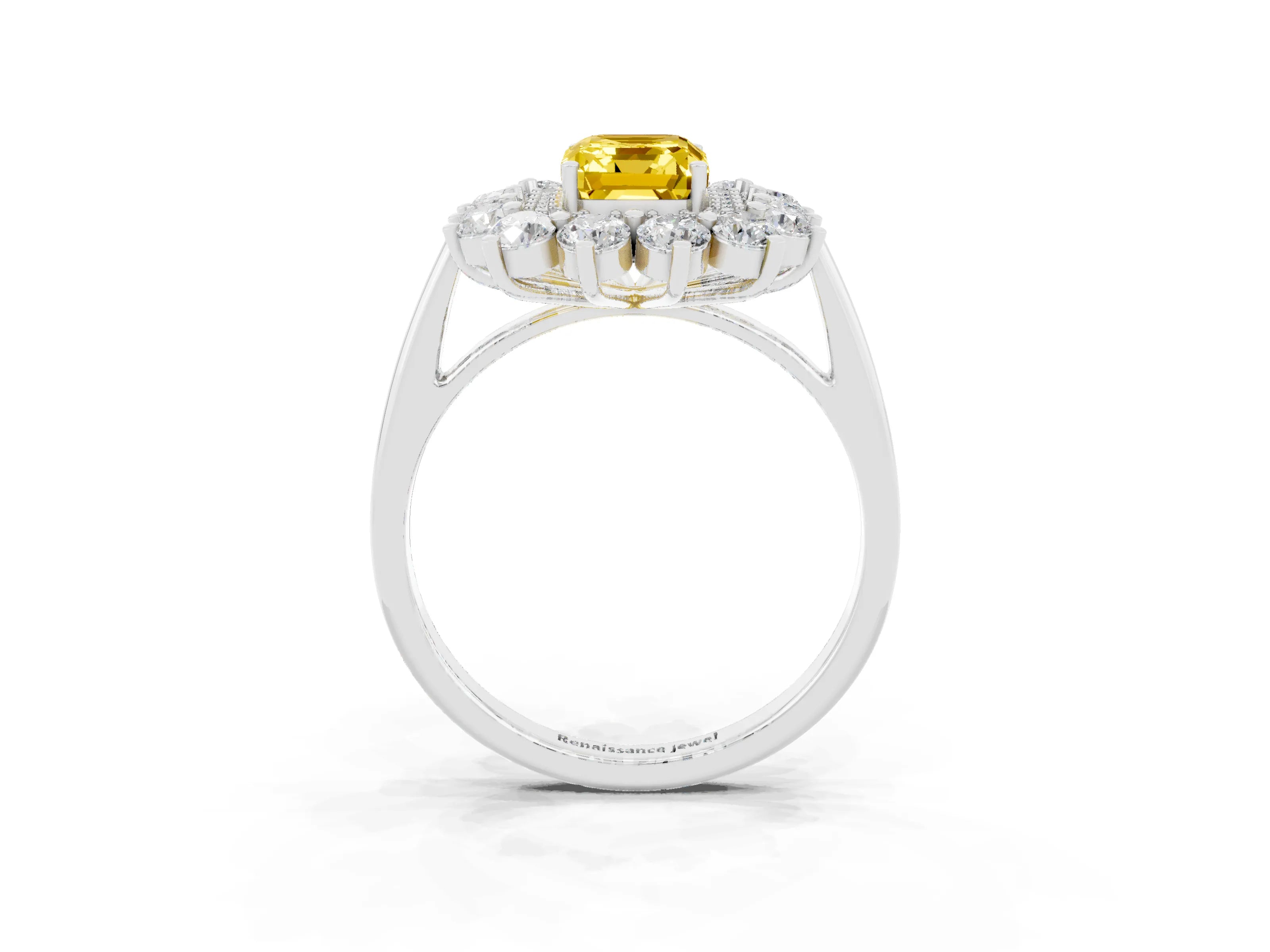 White gold Emerald Cut Halo Cluster Diamond Ring with Pave Band and Four-Prong Setting_3