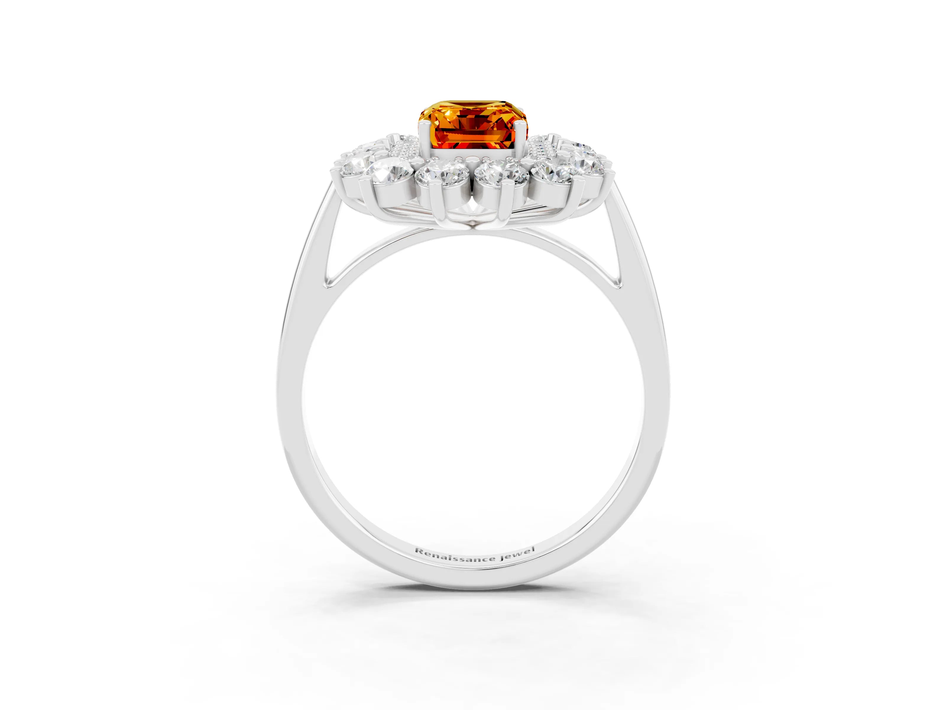 White gold Emerald Cut Halo Cluster Diamond Ring with Pave Band and Four-Prong Setting_3