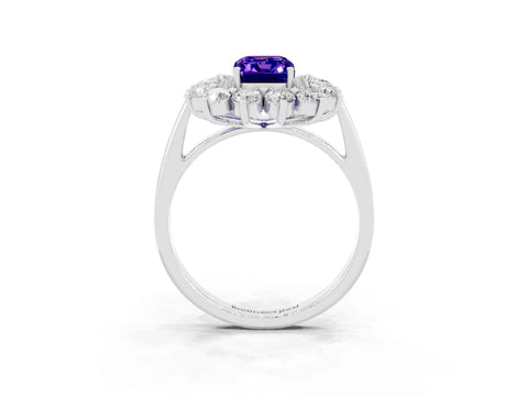 White gold Emerald Cut Halo Cluster Diamond Ring with Pave Band and Four-Prong Setting_3