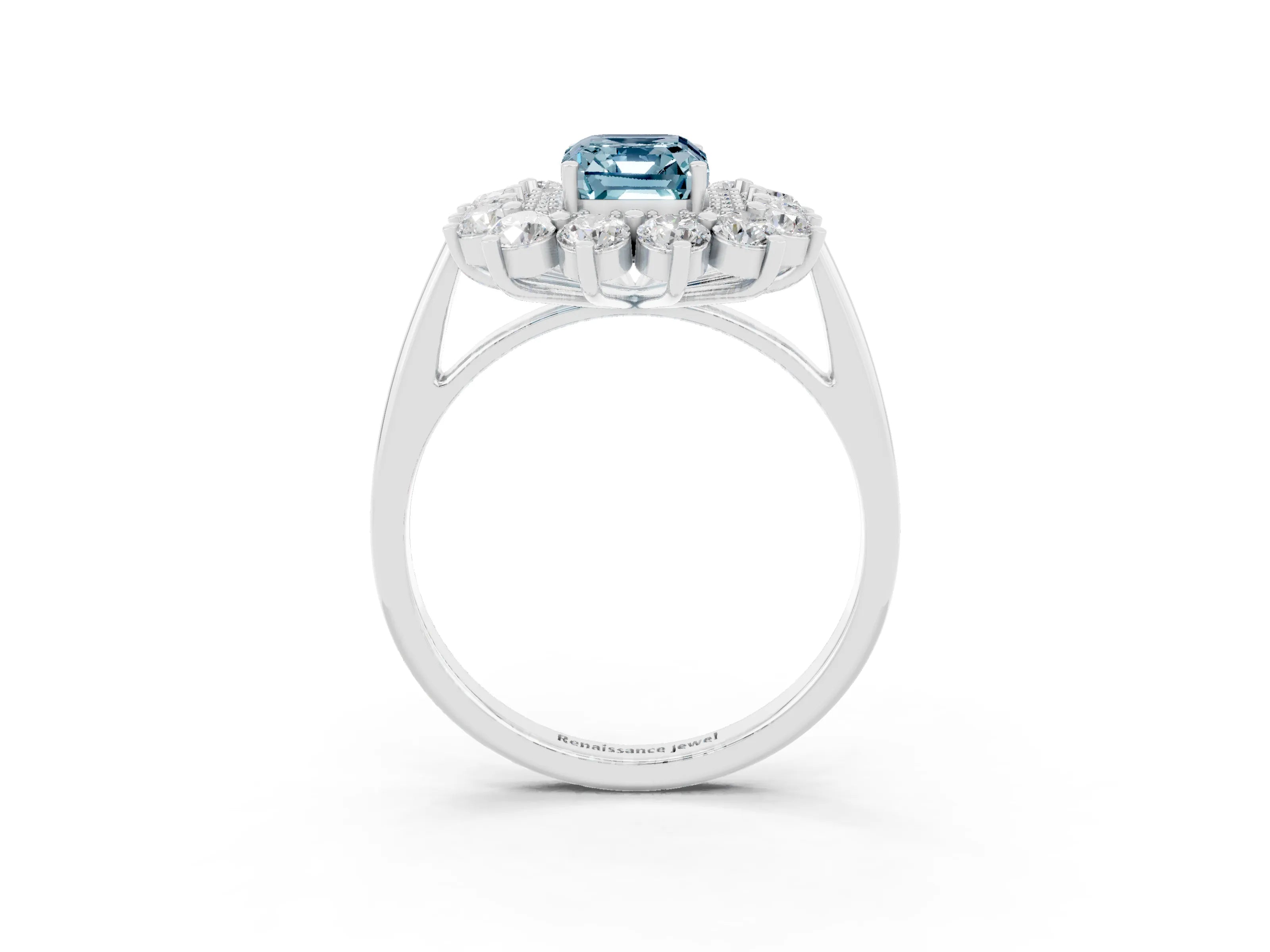 White gold Emerald Cut Halo Cluster Diamond Ring with Pave Band and Four-Prong Setting_3