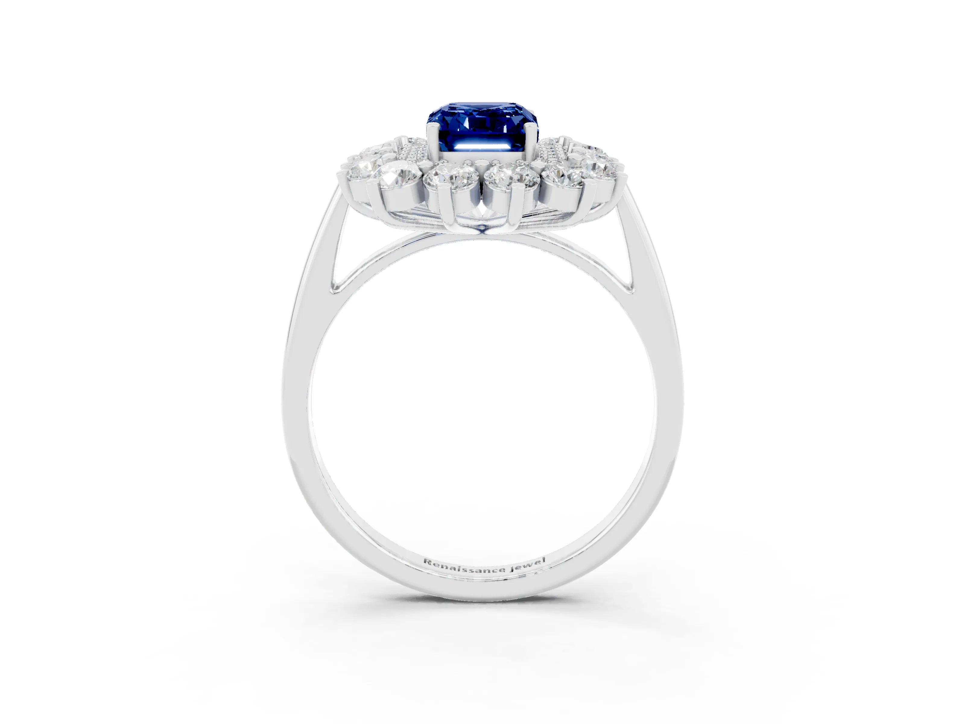 White gold Emerald Cut Halo Cluster Diamond Ring with Pave Band and Four-Prong Setting_3
