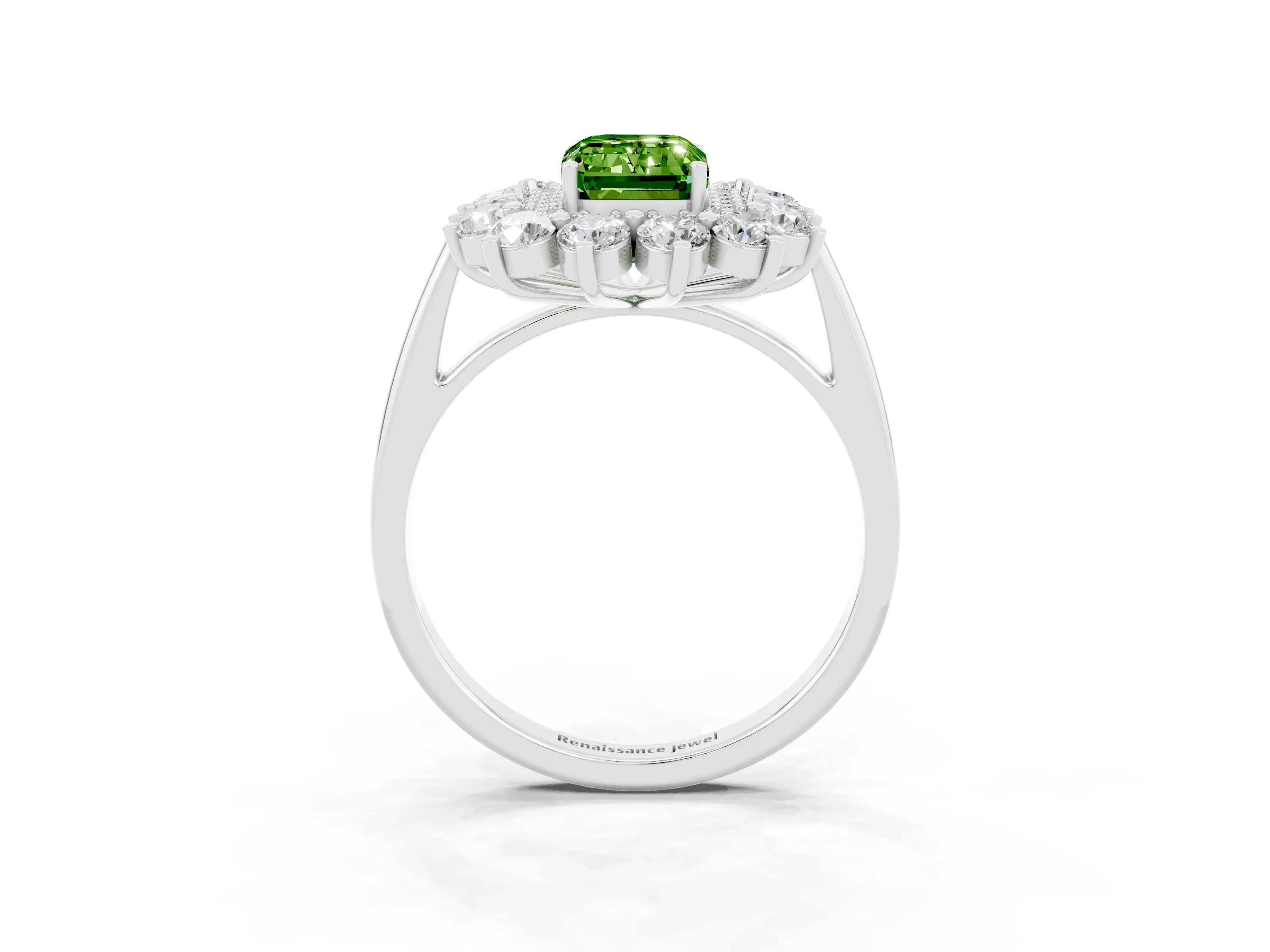 White gold Emerald Cut Halo Cluster Diamond Ring with Pave Band and Four-Prong Setting_3