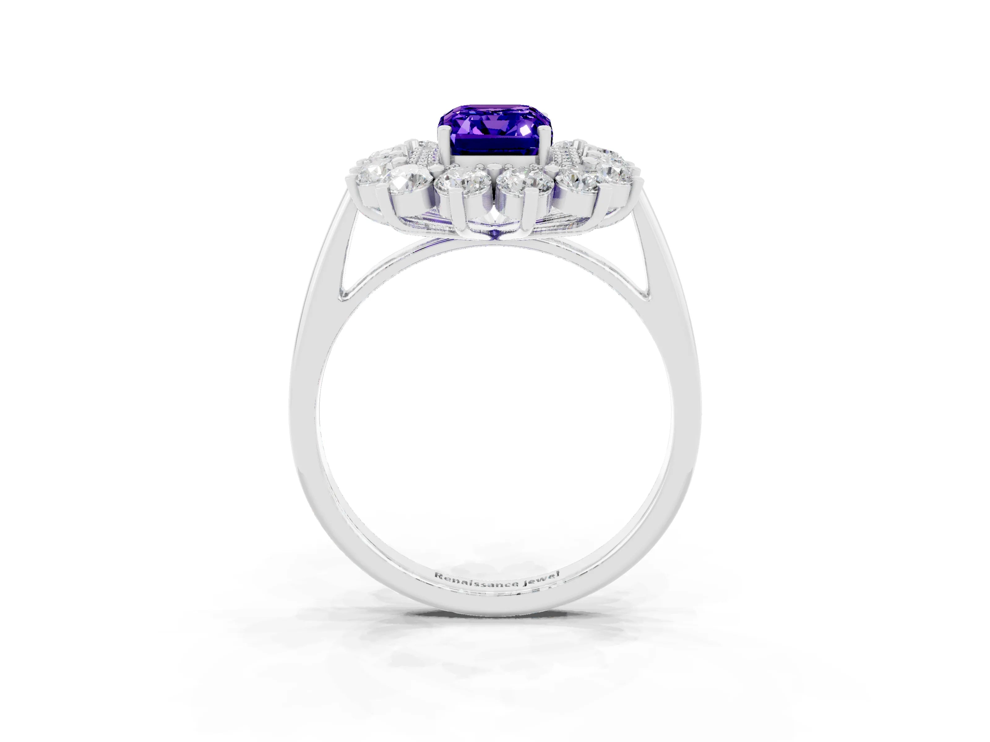 White gold Emerald Cut Halo Cluster Diamond Ring with Pave Band and Four-Prong Setting_3