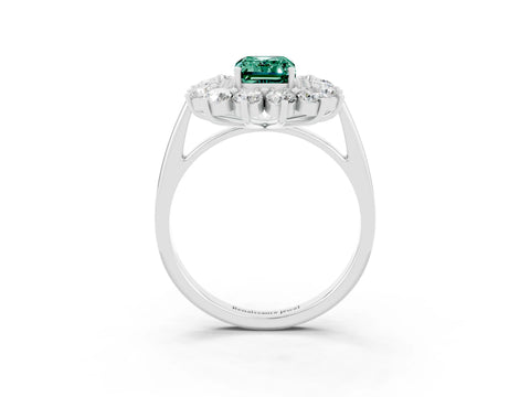 White gold Emerald Cut Halo Cluster Diamond Ring with Pave Band and Four-Prong Setting_3