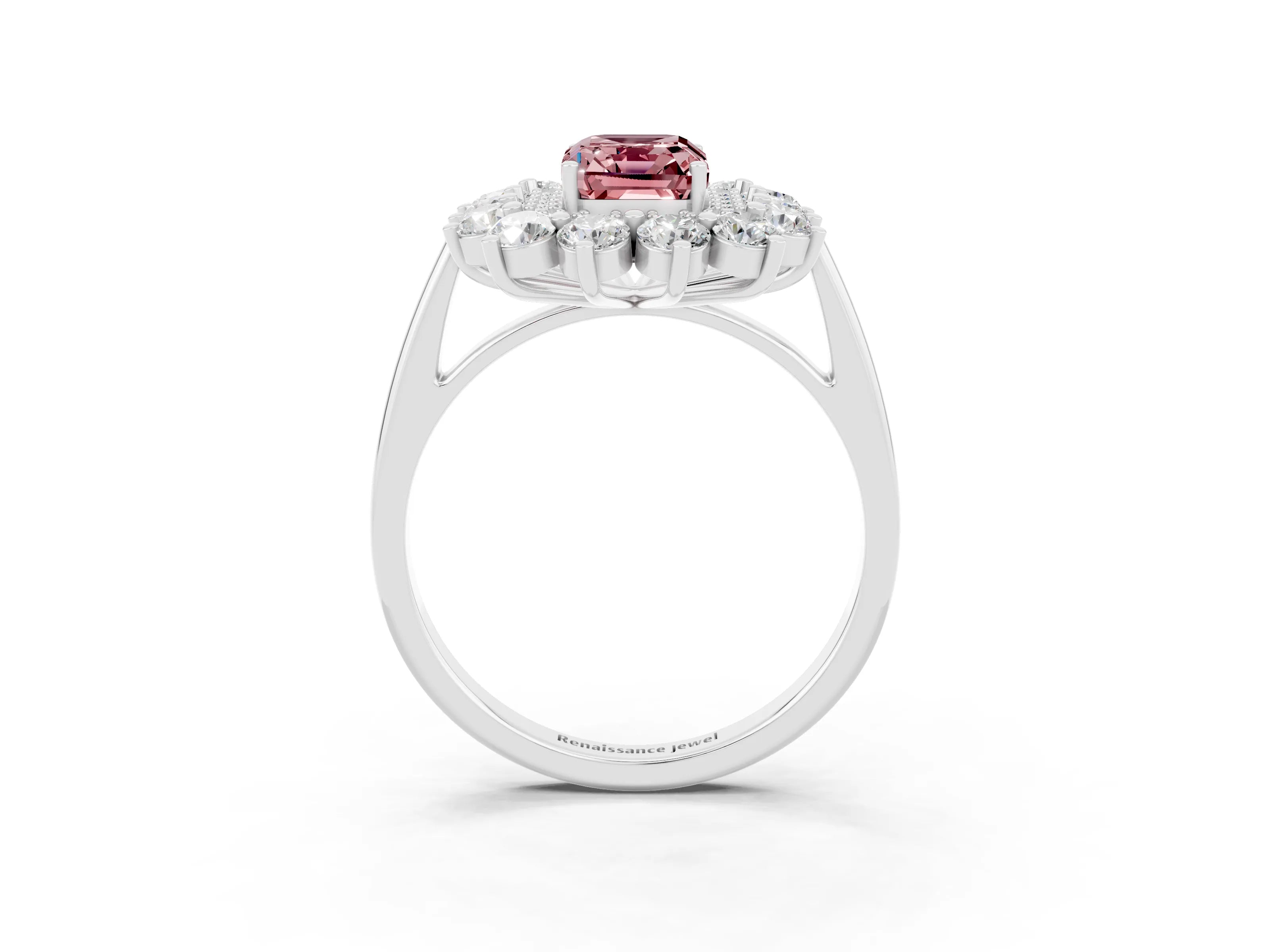White gold Emerald Cut Halo Cluster Diamond Ring with Pave Band and Four-Prong Setting_3