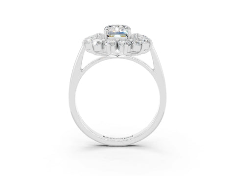 White gold Emerald Cut Halo Cluster Diamond Ring with Pave Band and Four-Prong Setting_3