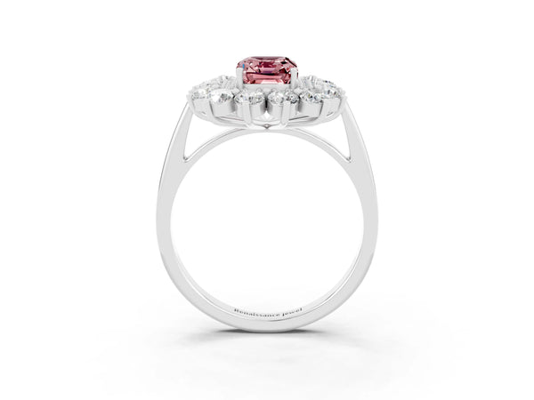 Silver Emerald Cut Halo Cluster Diamond Ring with Pave Band and Four-Prong Setting