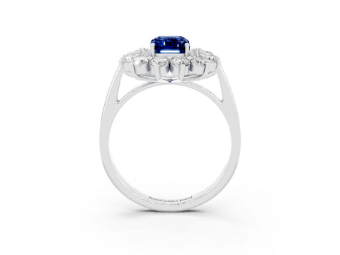 White gold Emerald Cut Halo Cluster Diamond Ring with Pave Band and Four-Prong Setting_3