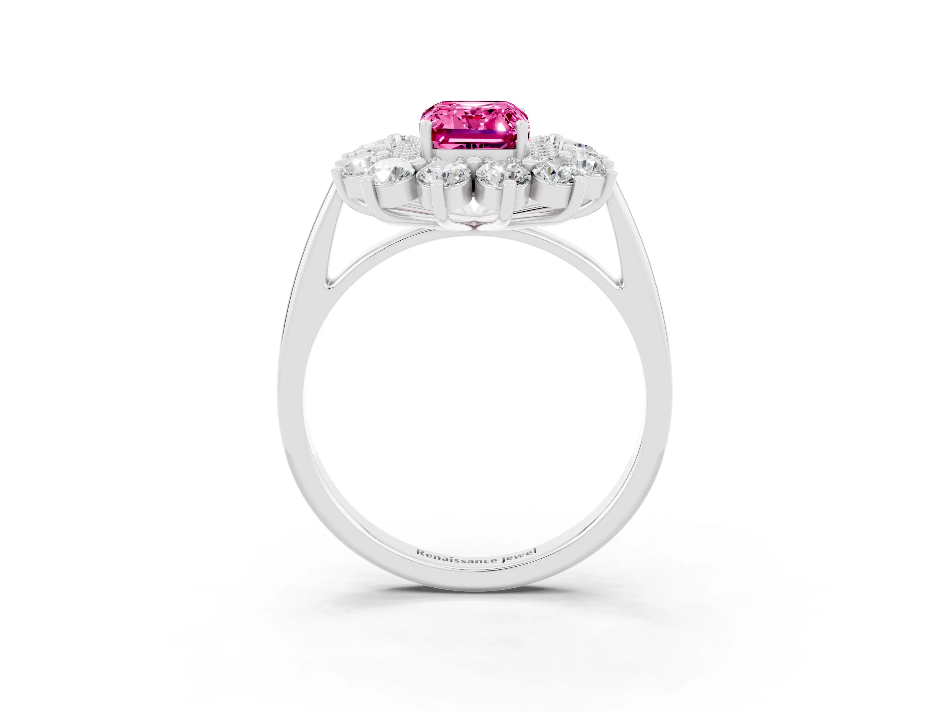 White gold Emerald Cut Halo Cluster Diamond Ring with Pave Band and Four-Prong Setting_3