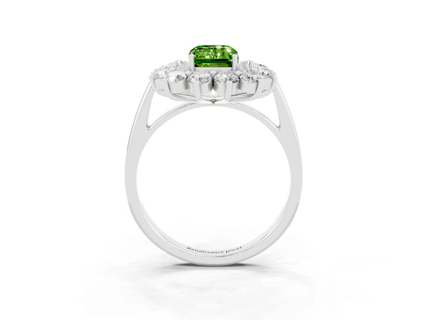 Silver Emerald Cut Halo Cluster Diamond Ring with Pave Band and Four-Prong Setting