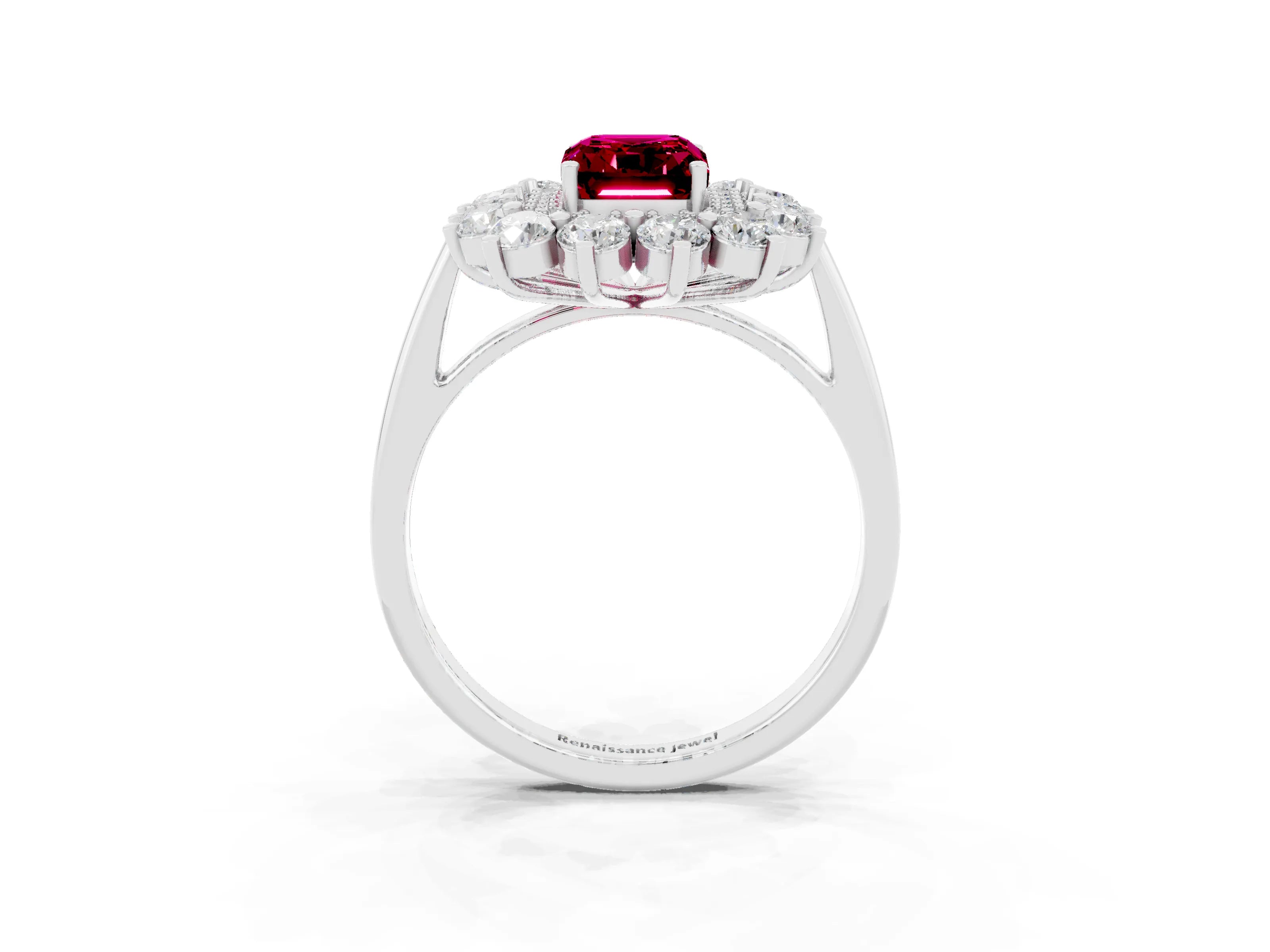 White gold Emerald Cut Halo Cluster Diamond Ring with Pave Band and Four-Prong Setting_3