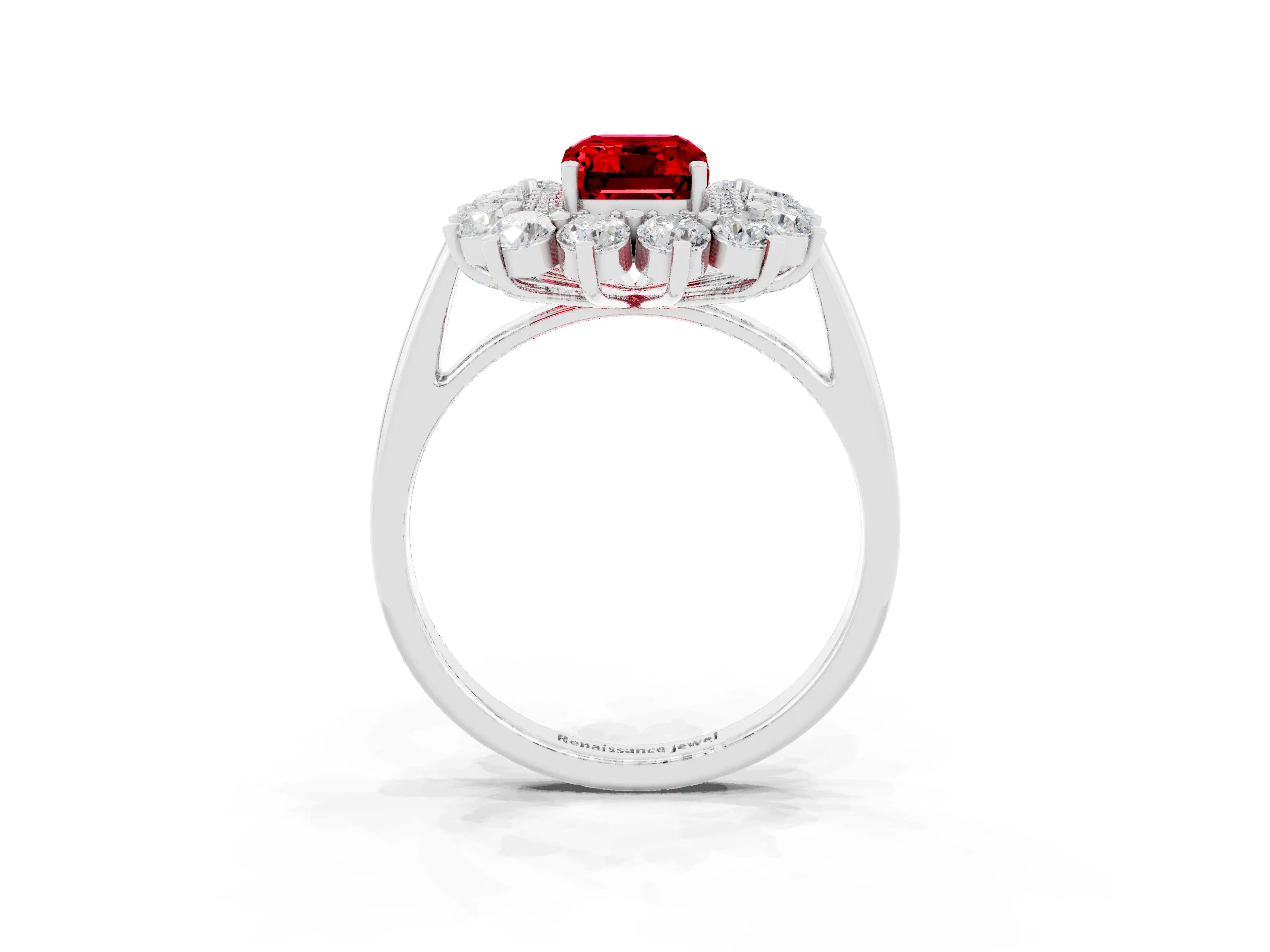 White gold Emerald Cut Halo Cluster Diamond Ring with Pave Band and Four-Prong Setting_3