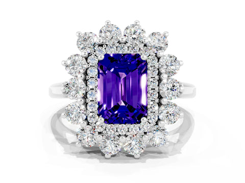 White gold Emerald Cut Halo Cluster Diamond Ring with Pave Band and Four-Prong Setting