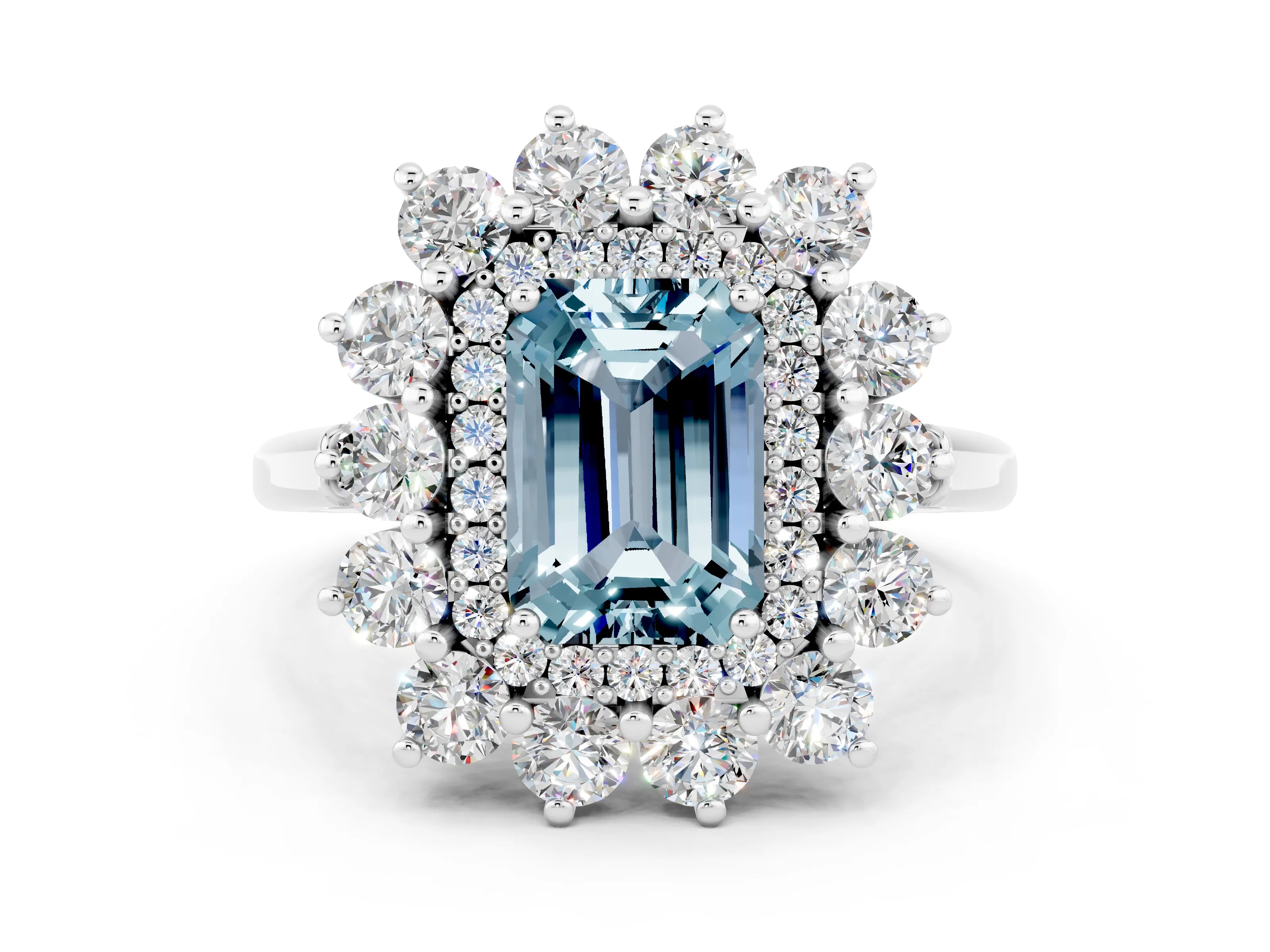 White gold Emerald Cut Halo Cluster Diamond Ring with Pave Band and Four-Prong Setting_41