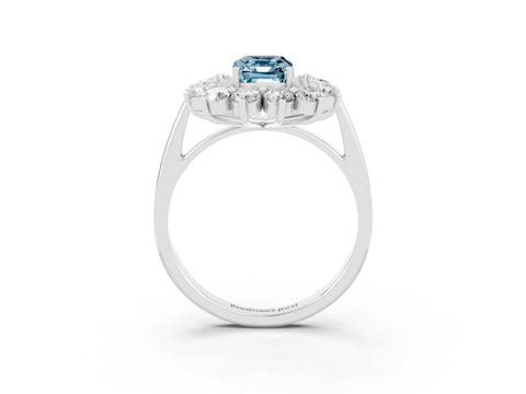 White gold Emerald Cut Halo Cluster Diamond Ring with Pave Band and Four-Prong Setting_44
