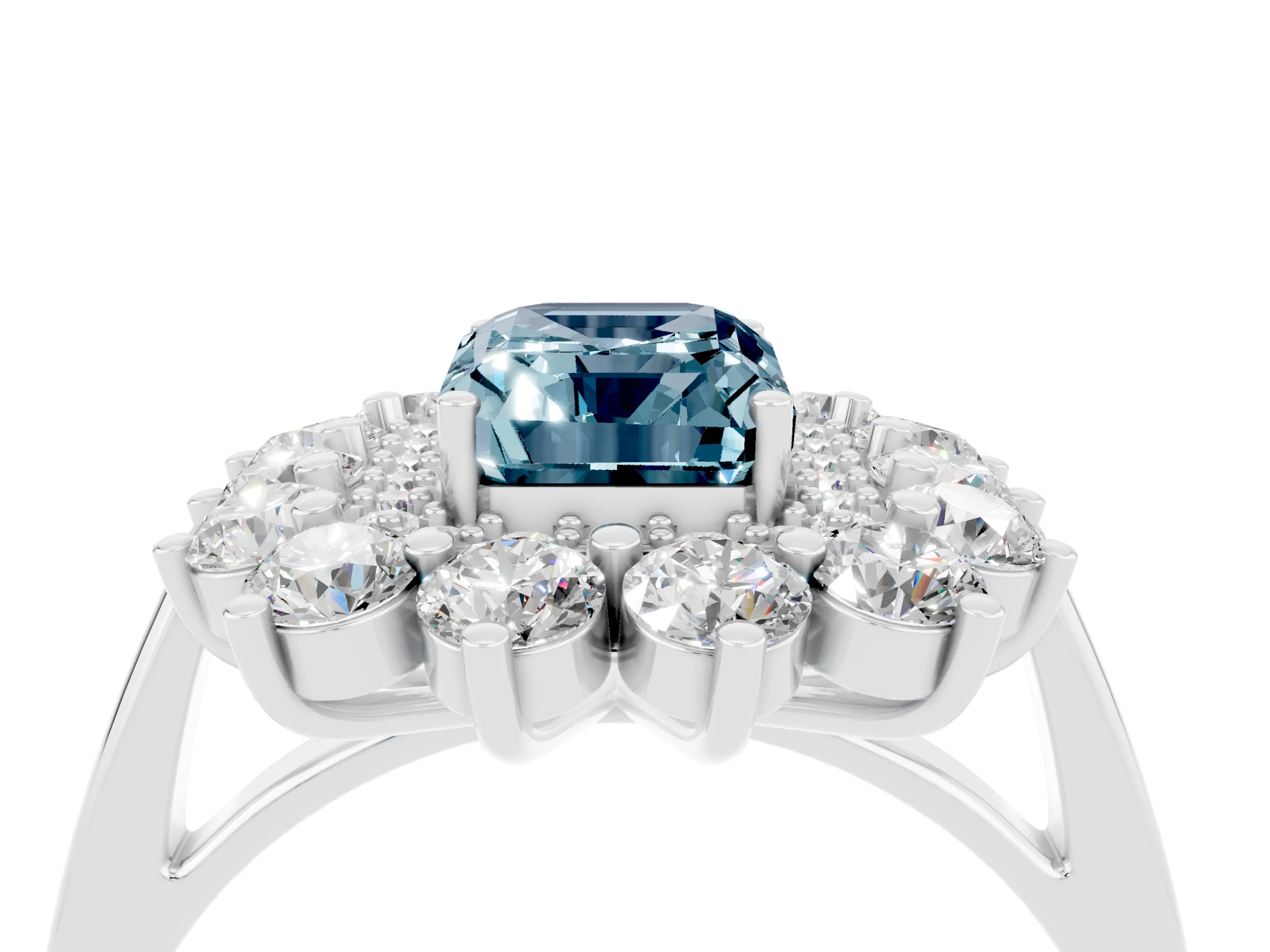 White gold Emerald Cut Halo Cluster Diamond Ring with Pave Band and Four-Prong Setting_4