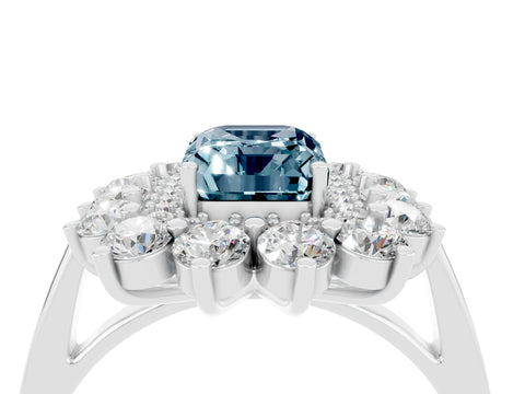 White gold Emerald Cut Halo Cluster Diamond Ring with Pave Band and Four-Prong Setting_4