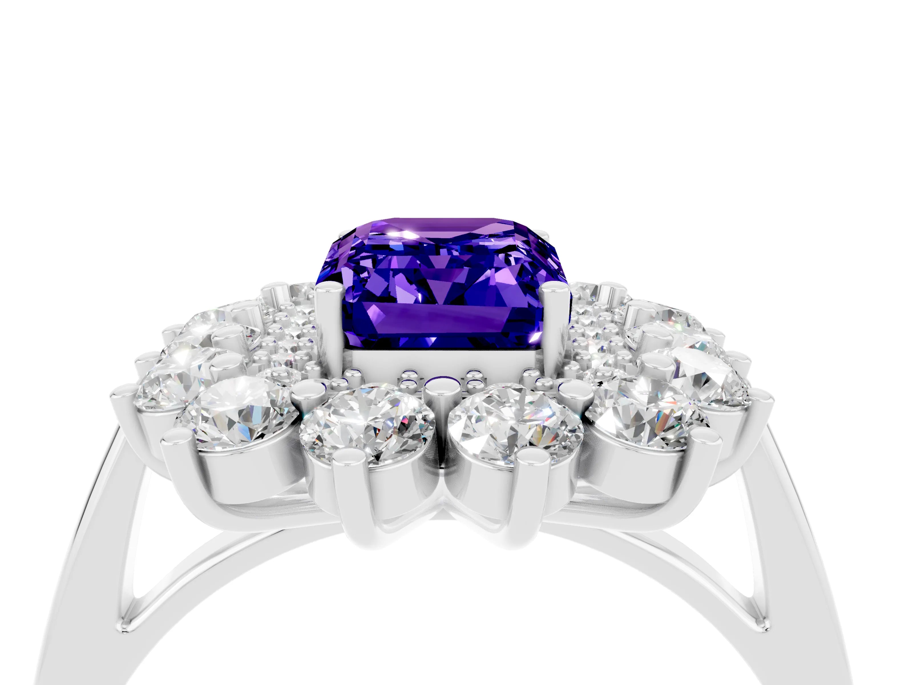 White gold Emerald Cut Halo Cluster Diamond Ring with Pave Band and Four-Prong Setting_4