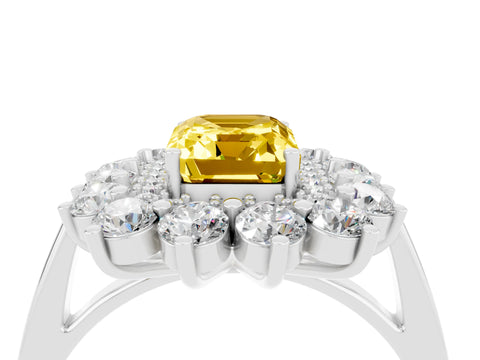 White gold Emerald Cut Halo Cluster Diamond Ring with Pave Band and Four-Prong Setting_4