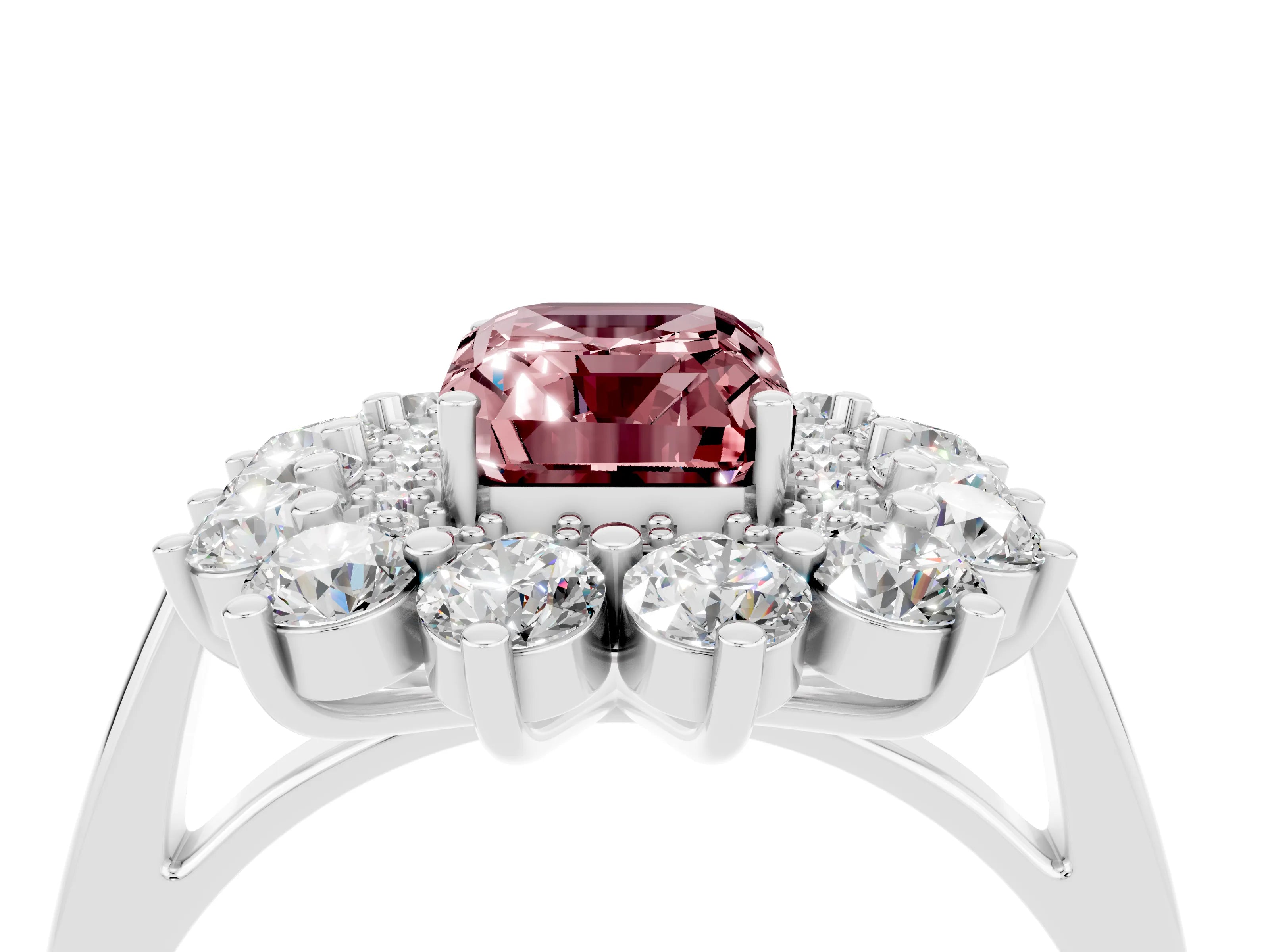 White gold Emerald Cut Halo Cluster Diamond Ring with Pave Band and Four-Prong Setting_4