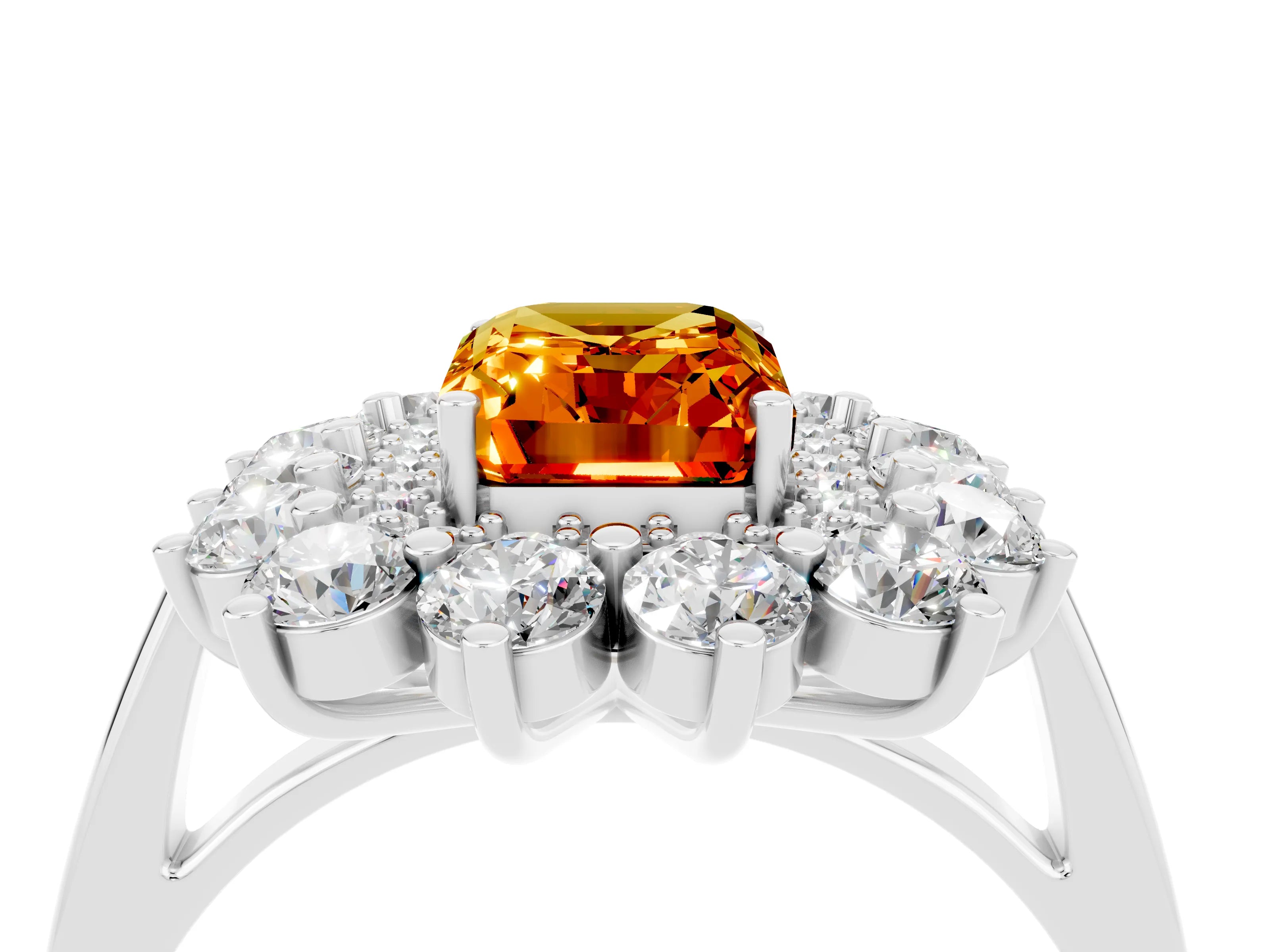 White gold Emerald Cut Halo Cluster Diamond Ring with Pave Band and Four-Prong Setting_4