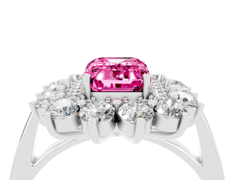 White gold Emerald Cut Halo Cluster Diamond Ring with Pave Band and Four-Prong Setting_4