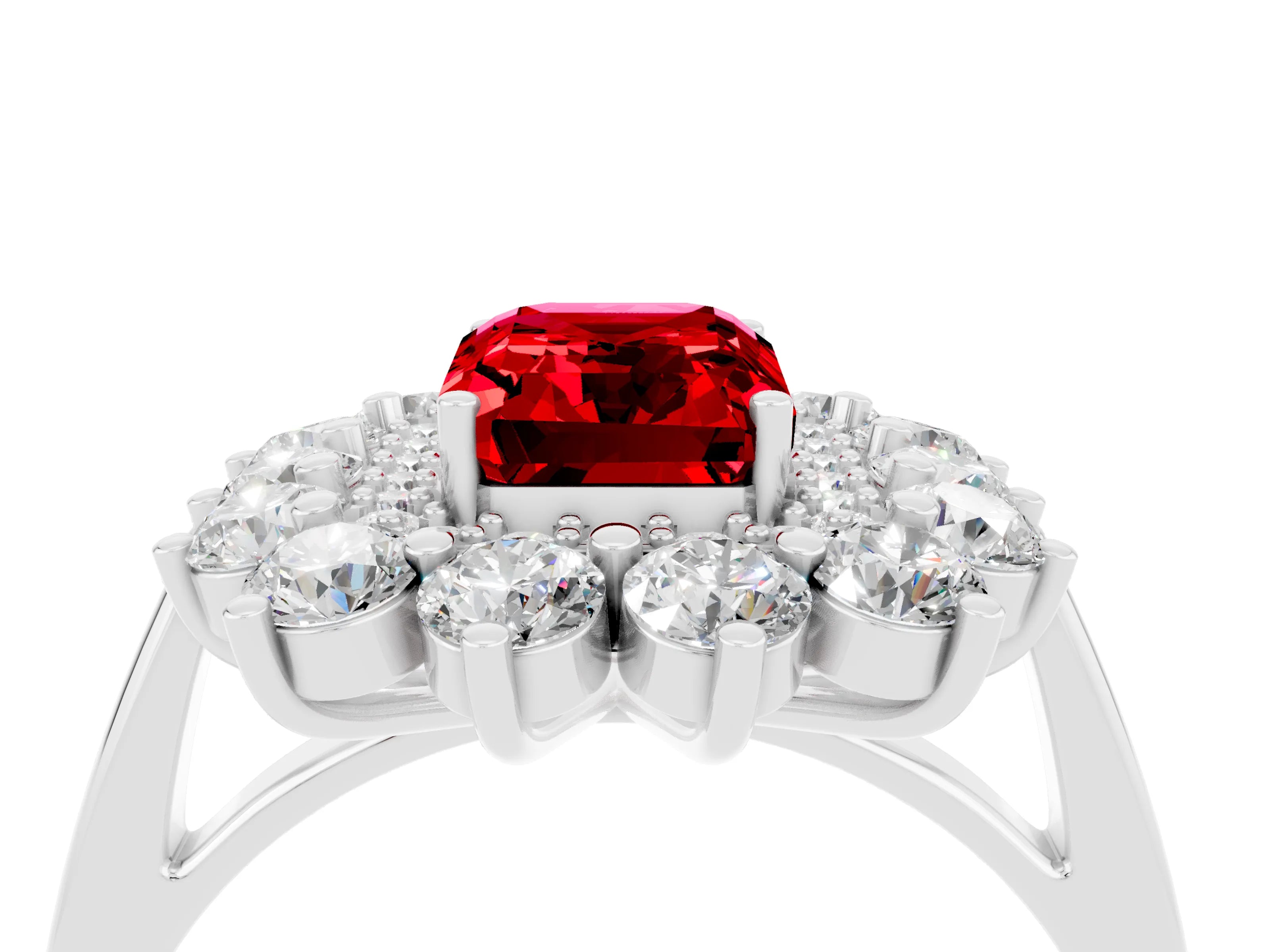 White gold Emerald Cut Halo Cluster Diamond Ring with Pave Band and Four-Prong Setting_4