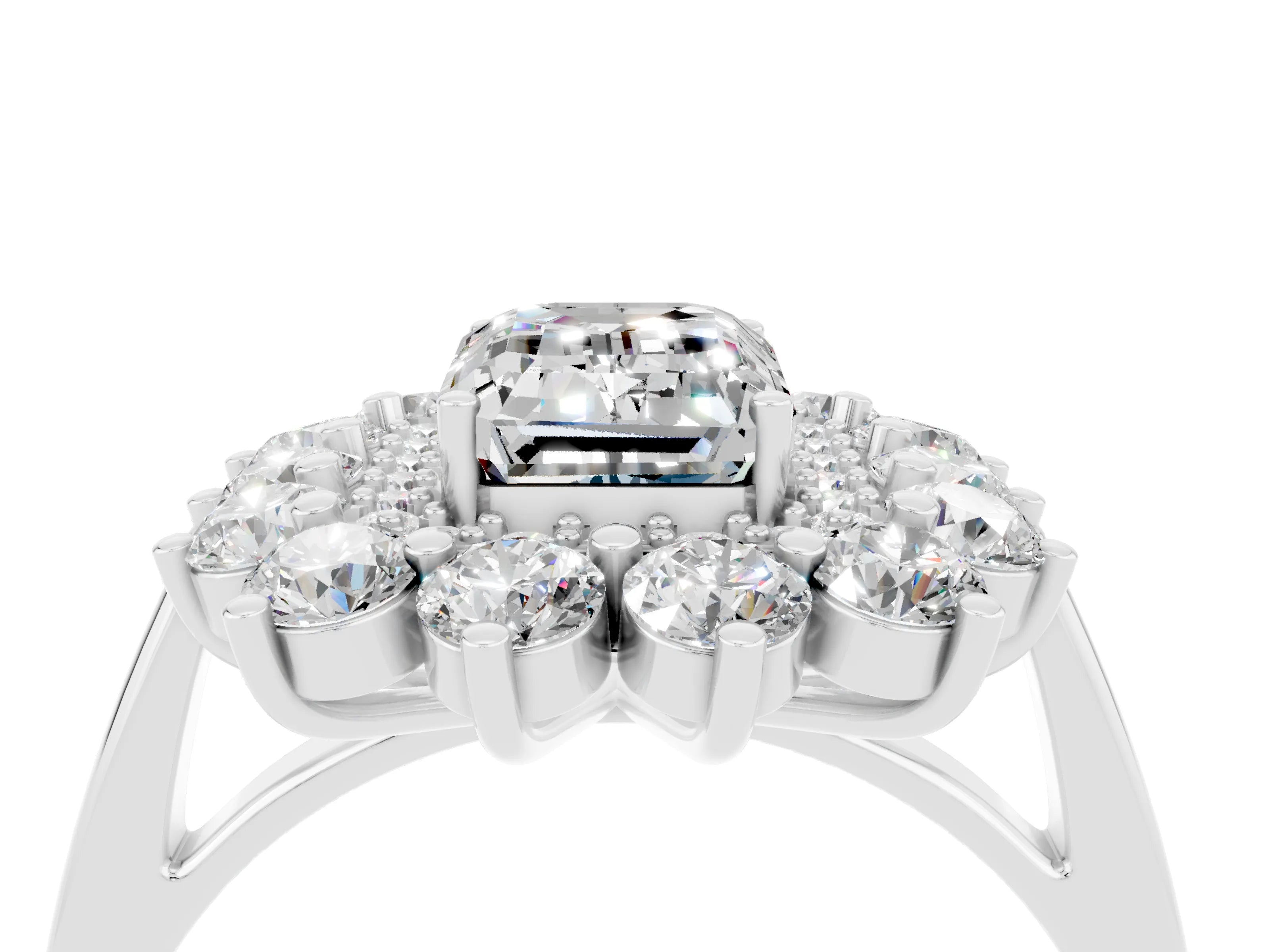 White gold Emerald Cut Halo Cluster Diamond Ring with Pave Band and Four-Prong Setting_4