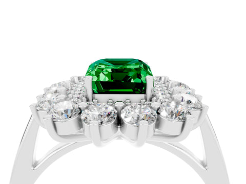 White gold Emerald Cut Halo Cluster Diamond Ring with Pave Band and Four-Prong Setting_4