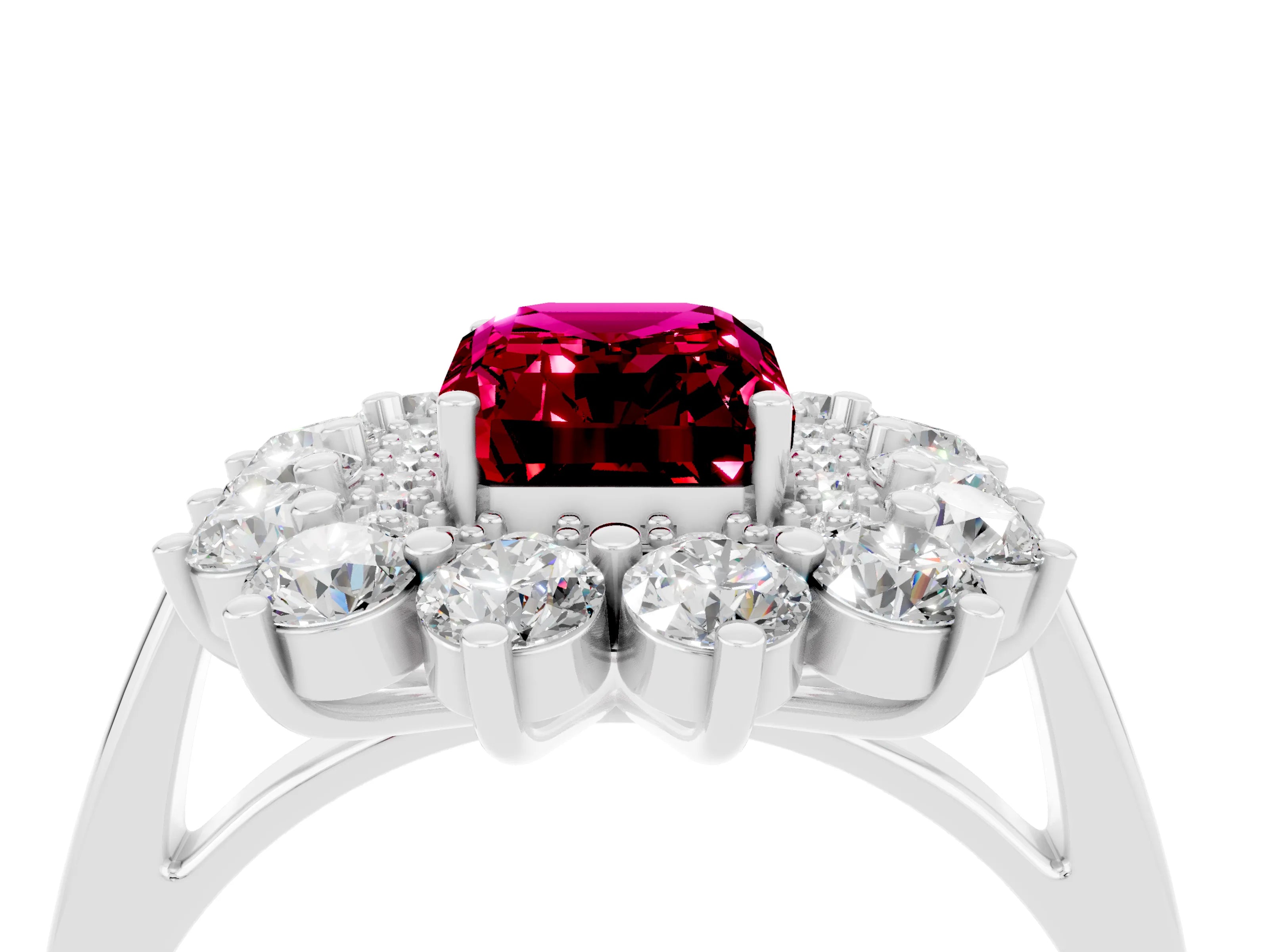 White gold Emerald Cut Halo Cluster Diamond Ring with Pave Band and Four-Prong Setting_4