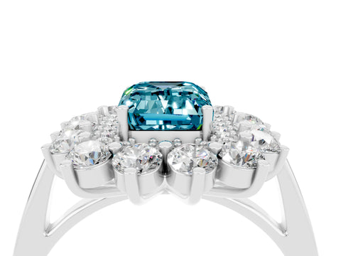 White gold Emerald Cut Halo Cluster Diamond Ring with Pave Band and Four-Prong Setting_4