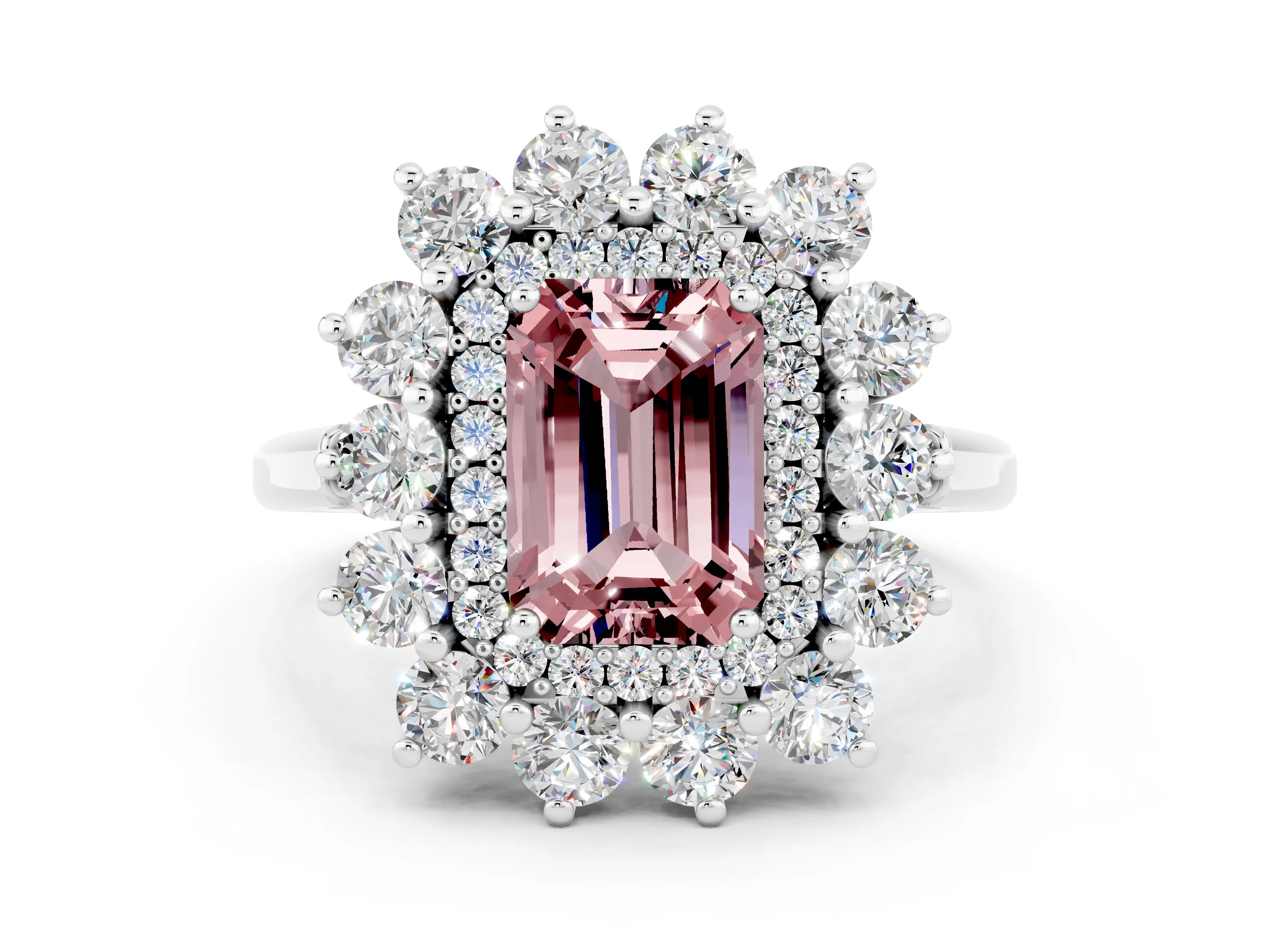 White gold Emerald Cut Halo Cluster Diamond Ring with Pave Band and Four-Prong Setting
