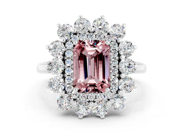 White gold Emerald Cut Halo Cluster Diamond Ring with Pave Band and Four-Prong Setting