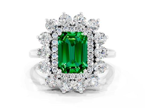 White gold Emerald Cut Halo Cluster Diamond Ring with Pave Band and Four-Prong Setting