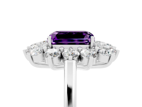 White gold Emerald Cut Halo Cluster Diamond Ring with Pave Band and Four-Prong Setting_5