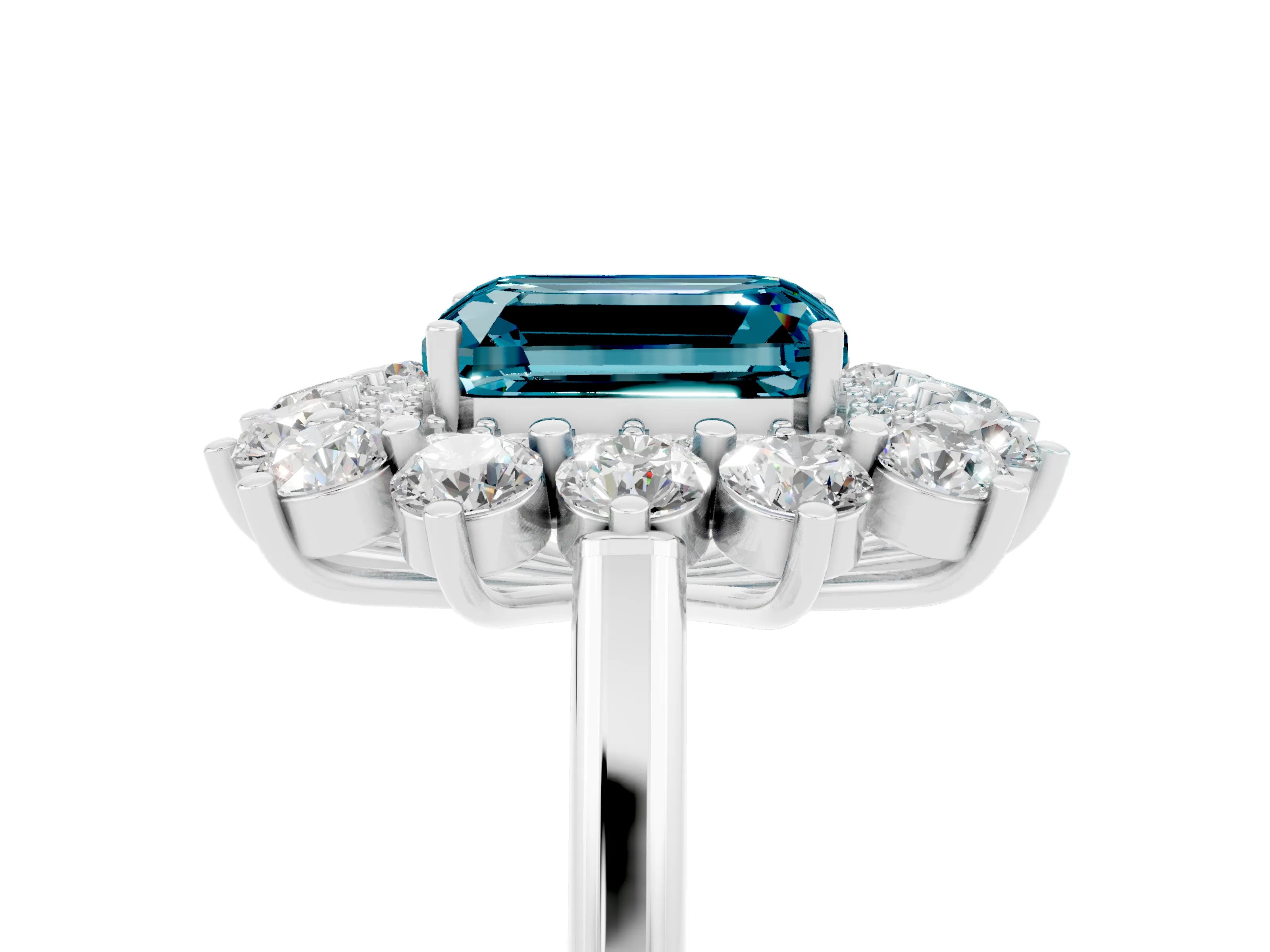 White gold Emerald Cut Halo Cluster Diamond Ring with Pave Band and Four-Prong Setting_5