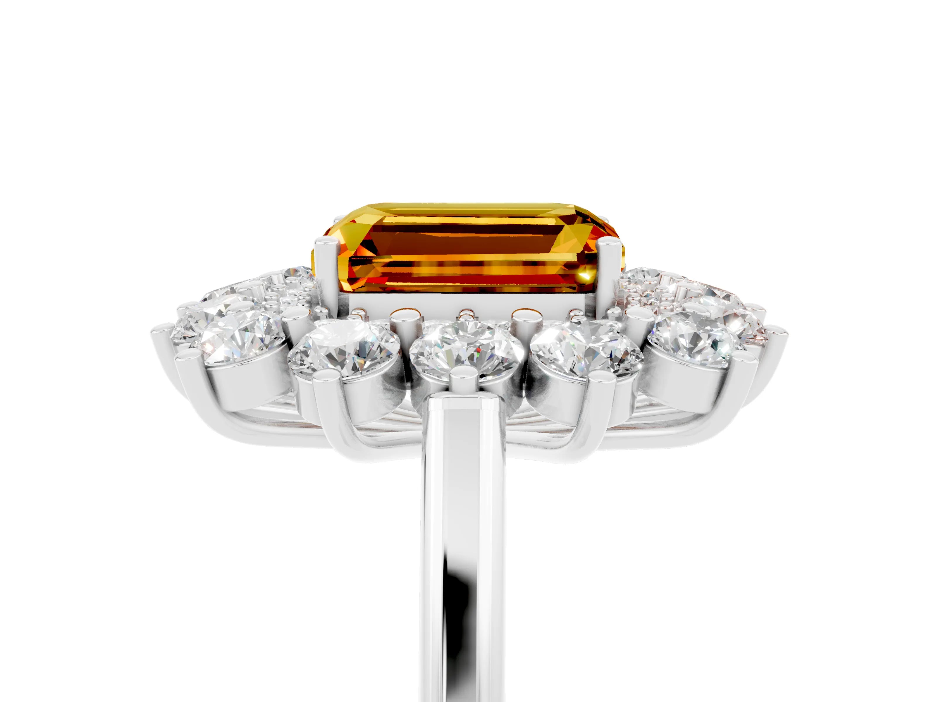 White gold Emerald Cut Halo Cluster Diamond Ring with Pave Band and Four-Prong Setting_5