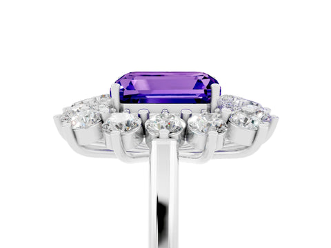 White gold Emerald Cut Halo Cluster Diamond Ring with Pave Band and Four-Prong Setting_5