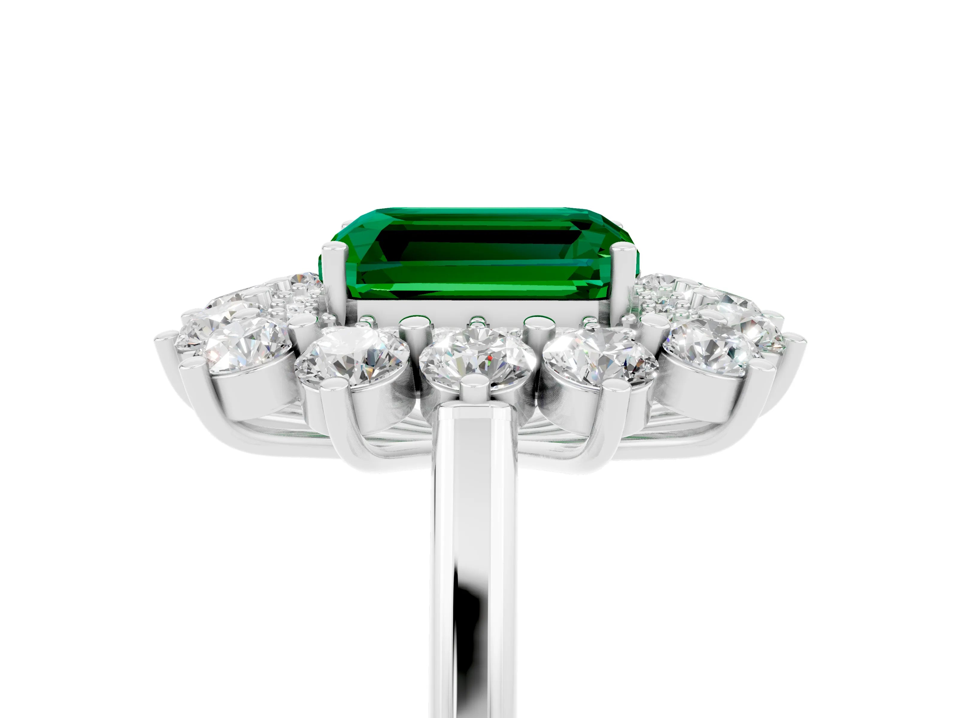 White gold Emerald Cut Halo Cluster Diamond Ring with Pave Band and Four-Prong Setting_5