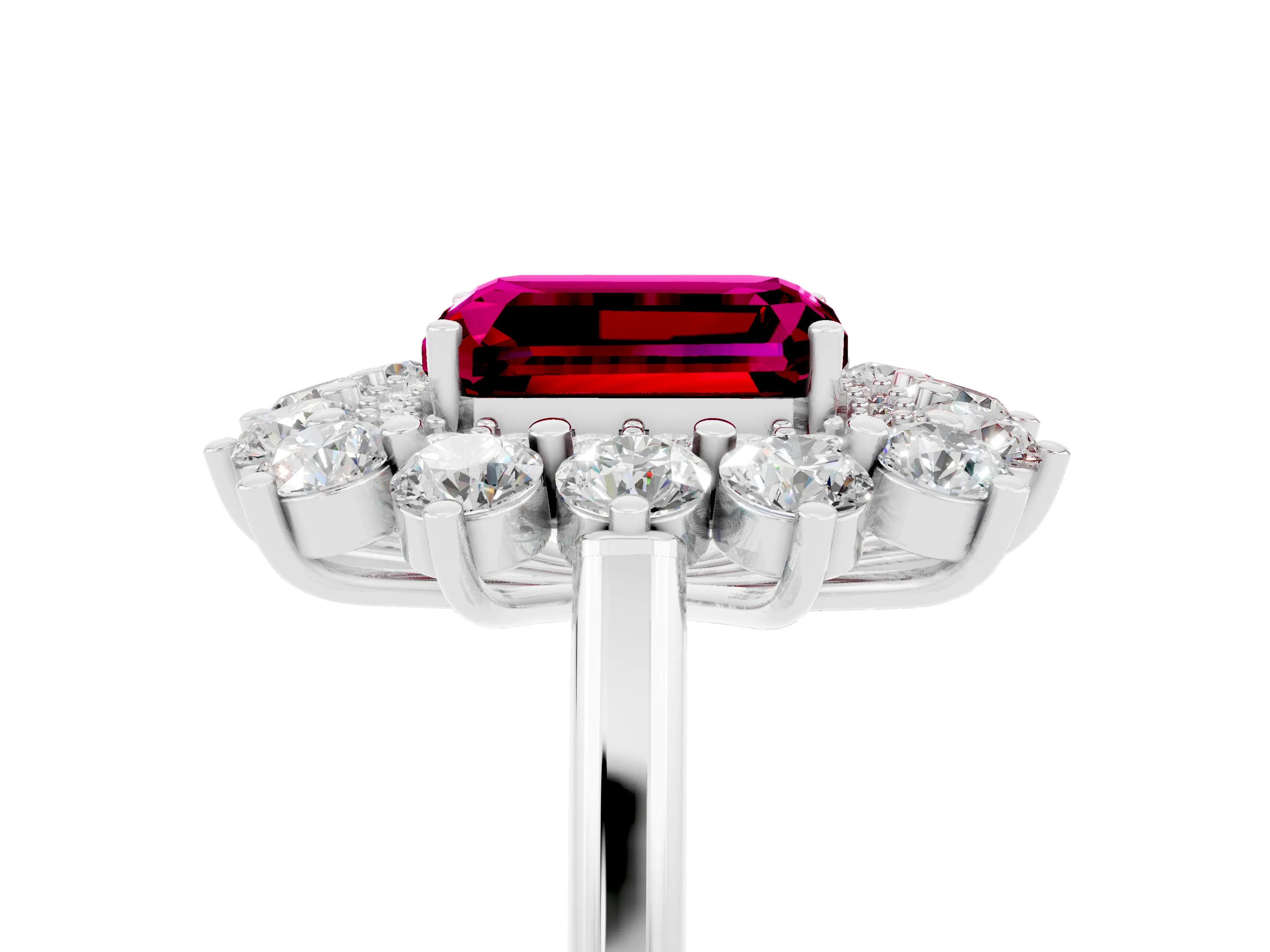 White gold Emerald Cut Halo Cluster Diamond Ring with Pave Band and Four-Prong Setting_5