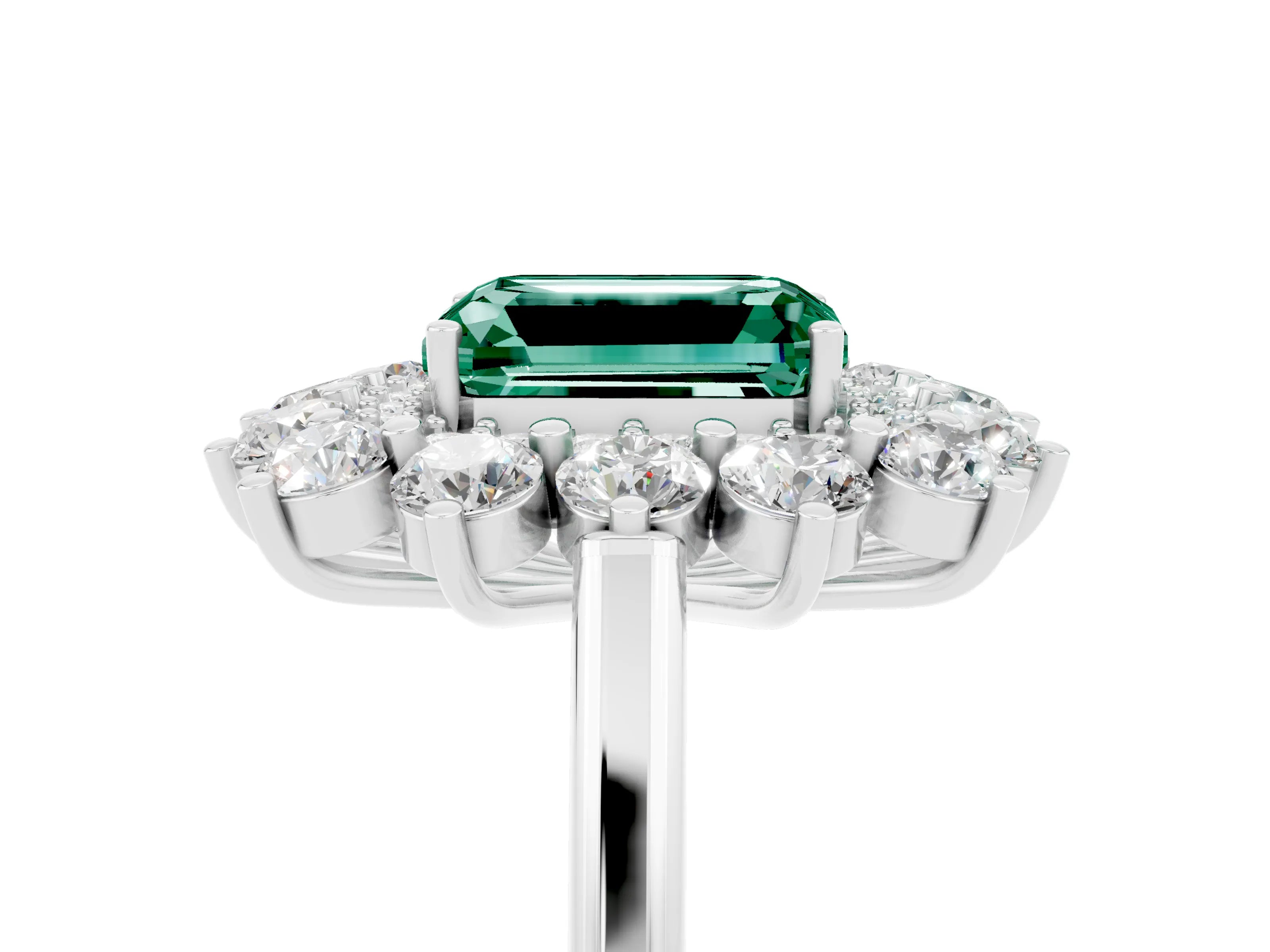 White gold Emerald Cut Halo Cluster Diamond Ring with Pave Band and Four-Prong Setting_5