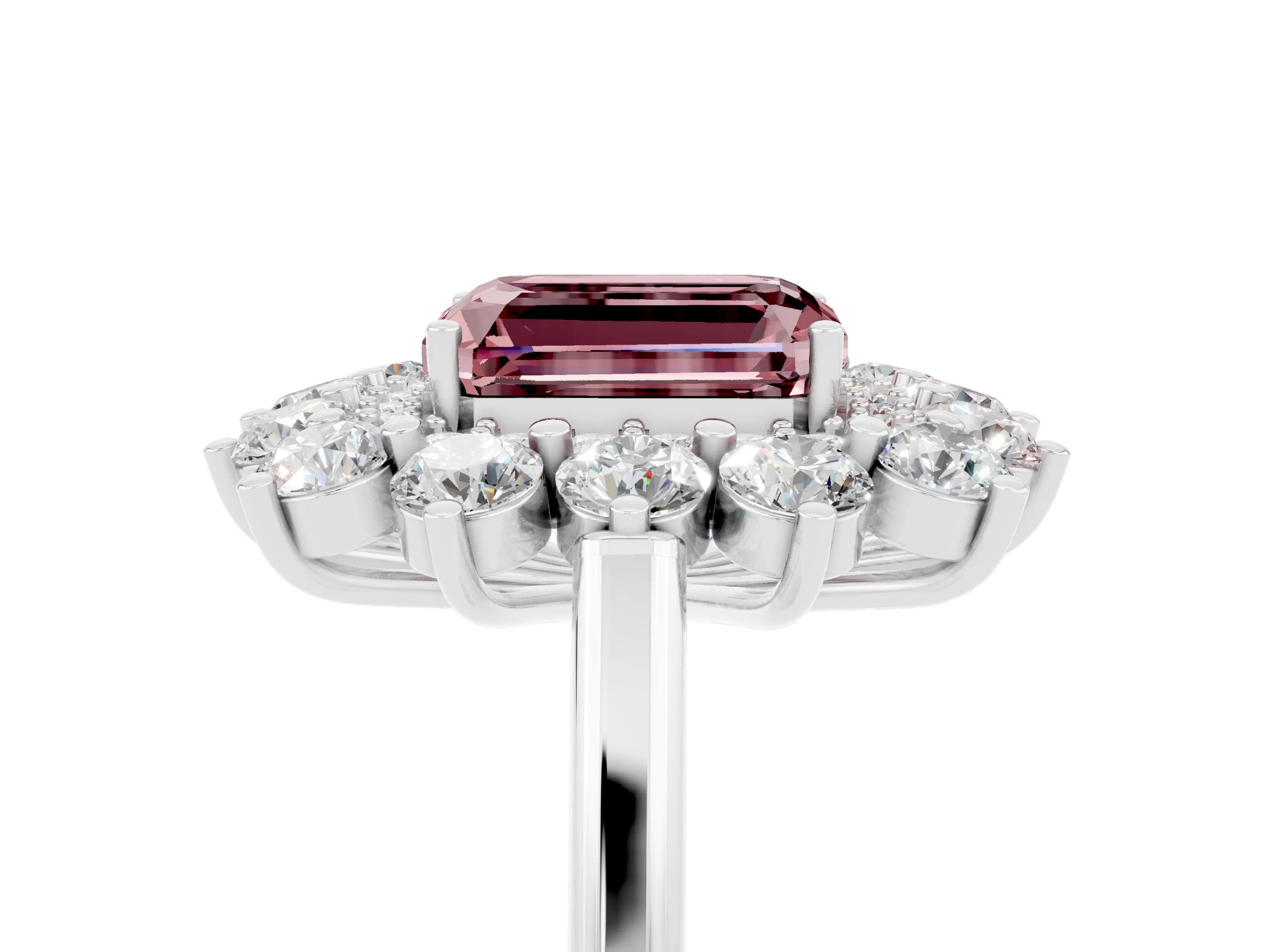 White gold Emerald Cut Halo Cluster Diamond Ring with Pave Band and Four-Prong Setting_5