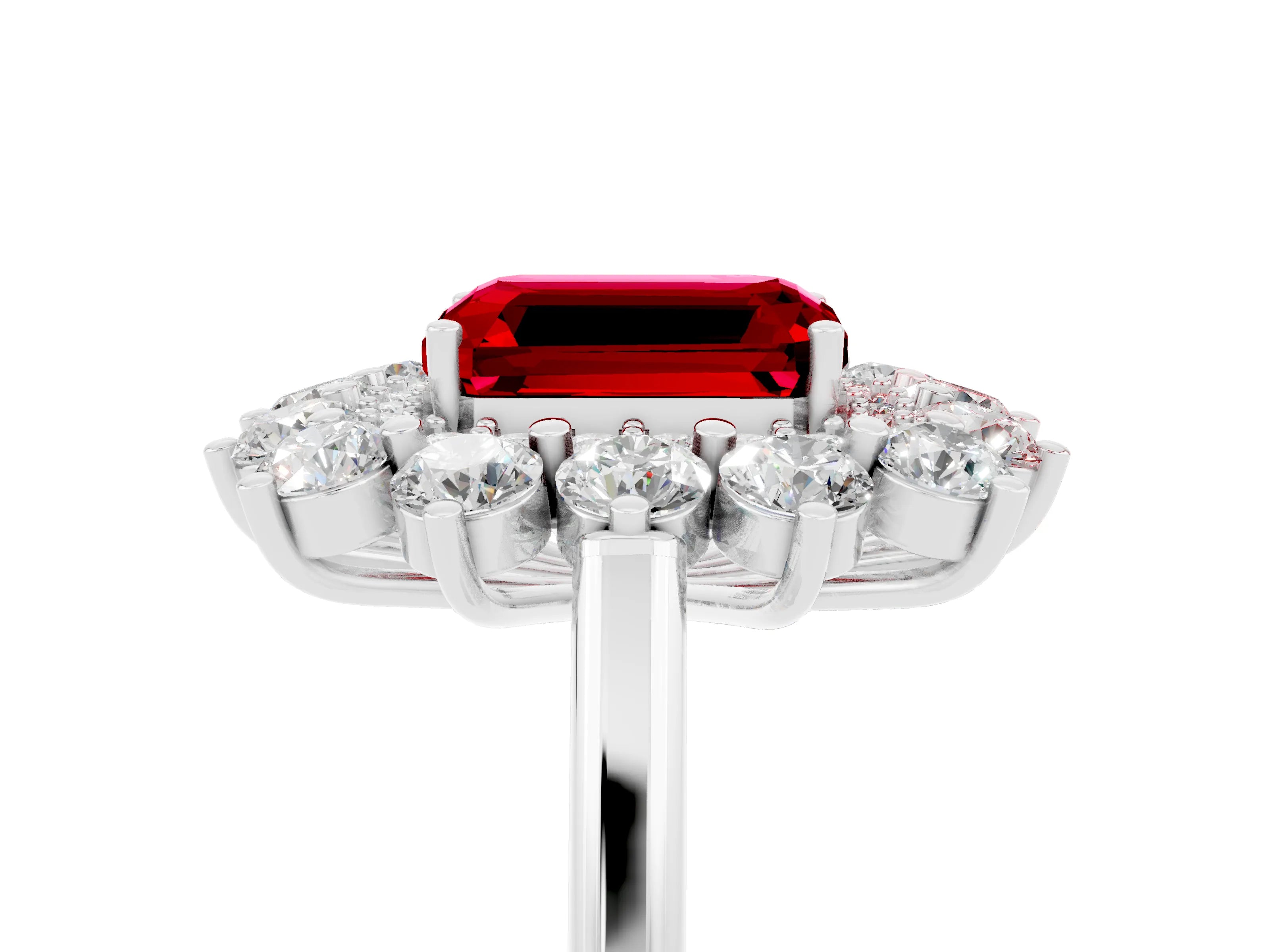 White gold Emerald Cut Halo Cluster Diamond Ring with Pave Band and Four-Prong Setting_5