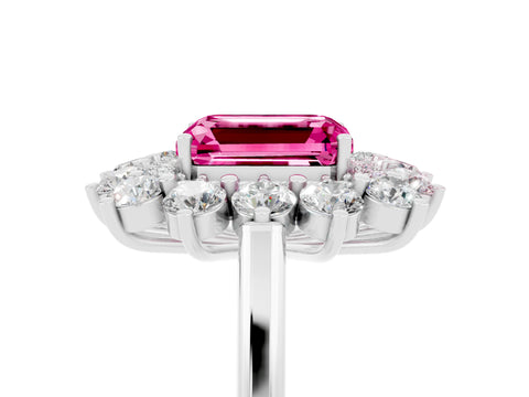 White gold Emerald Cut Halo Cluster Diamond Ring with Pave Band and Four-Prong Setting_5