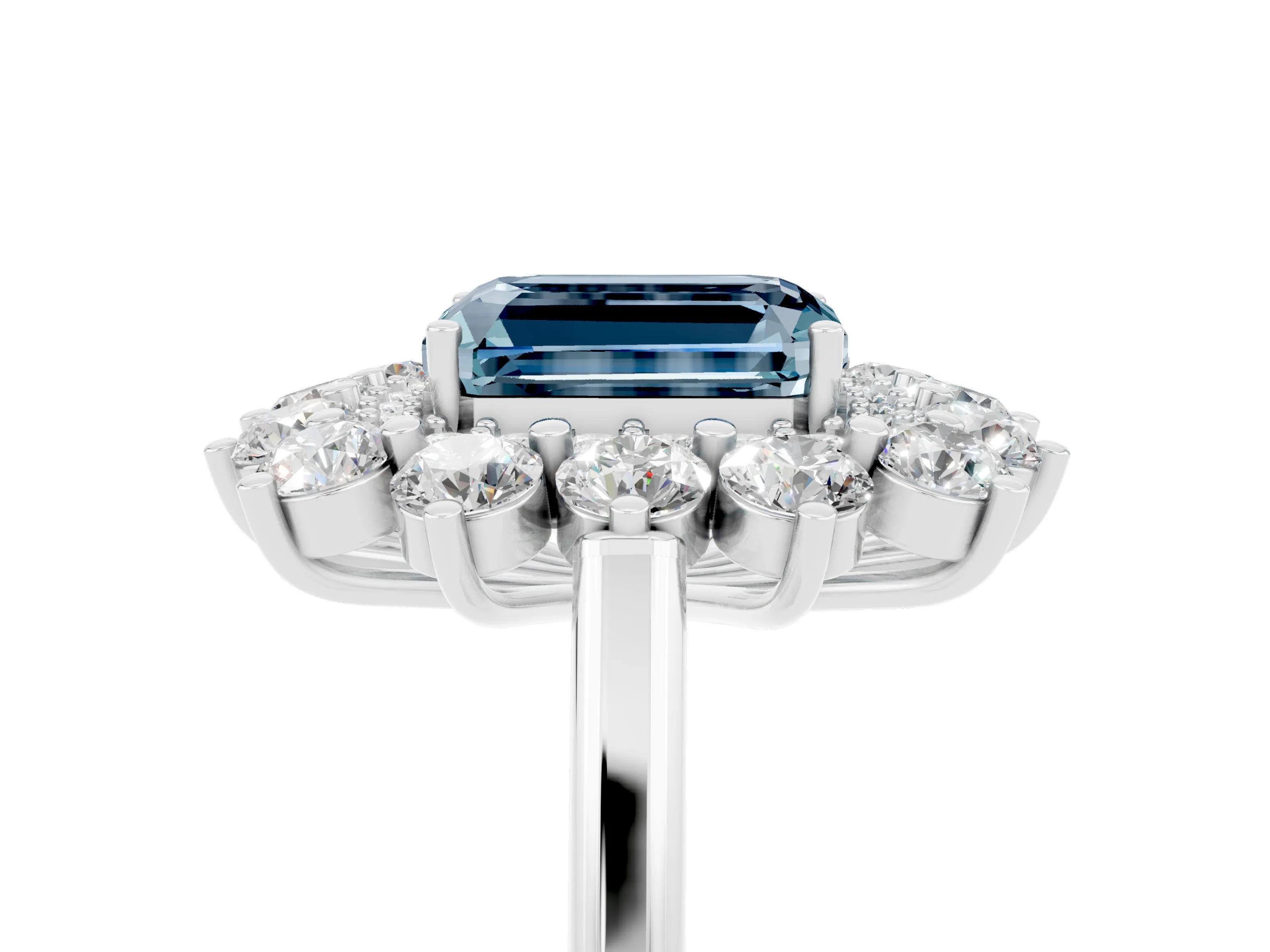 White gold Emerald Cut Halo Cluster Diamond Ring with Pave Band and Four-Prong Setting_5
